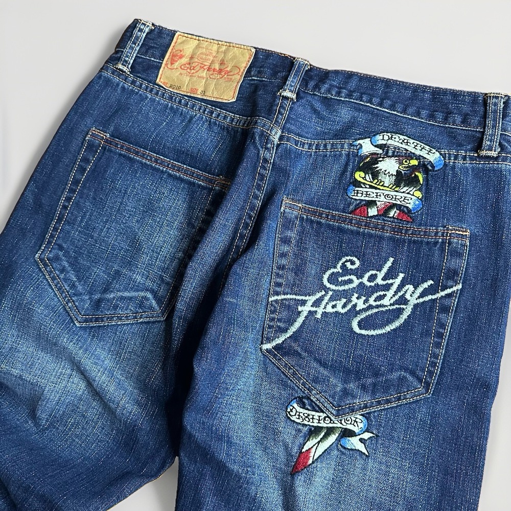 Y2K Ed Hardy Jeans Mens 31x32 Death Before Dishonor Eagle Tattoo Embroidered